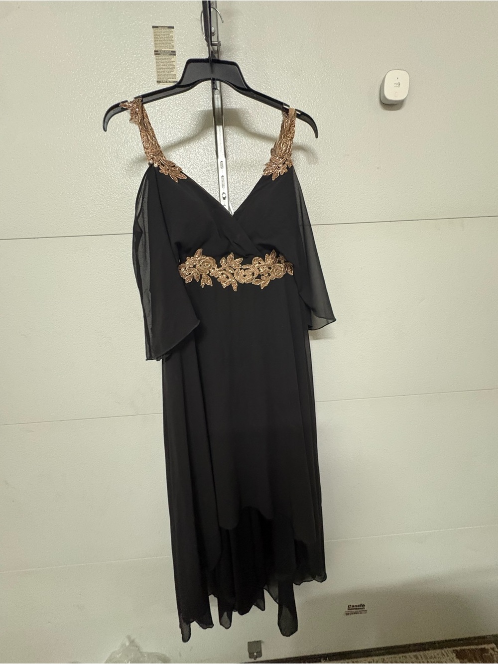 SHEIN Black High-Low Dress with Gold Floral Appliqué
